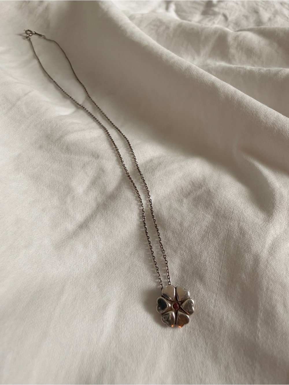 Tiffany & Co. Silver Four-Leaf Clover Necklace with Red Center